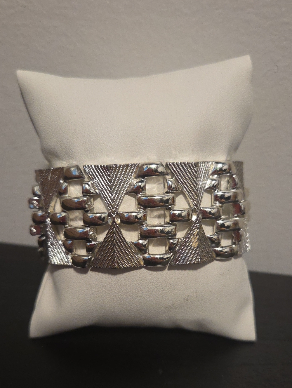 Signed Coro Pegasus - Silver Tone Link Pattern Wide Panelled Bracelet